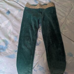 Mini Boden Green Velvet Leggings with Sparkly Gold Waistband